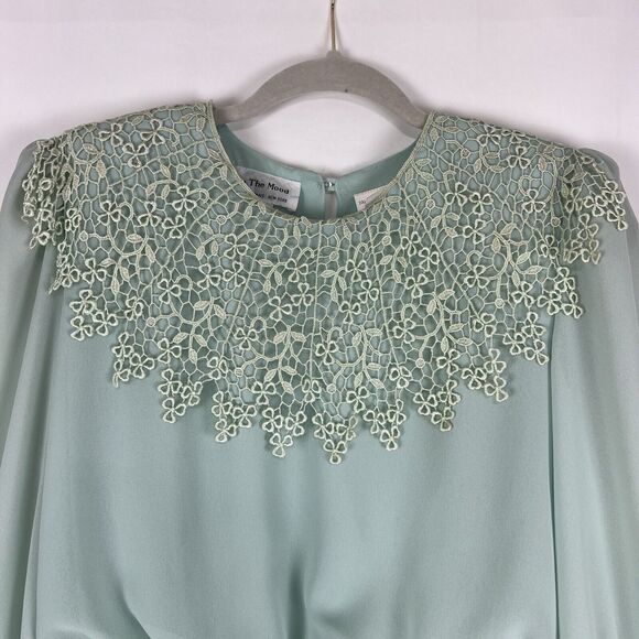 VTG 80s Dress Accordion Crochet Lace Mint Green Long Sleeve Sz 8 IN THE MOOD - Picture 8 of 16